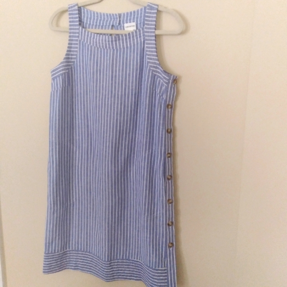 Forcynthia Linen Blend Blue  White Striped Tank‎ Dress Button Detail Pockets